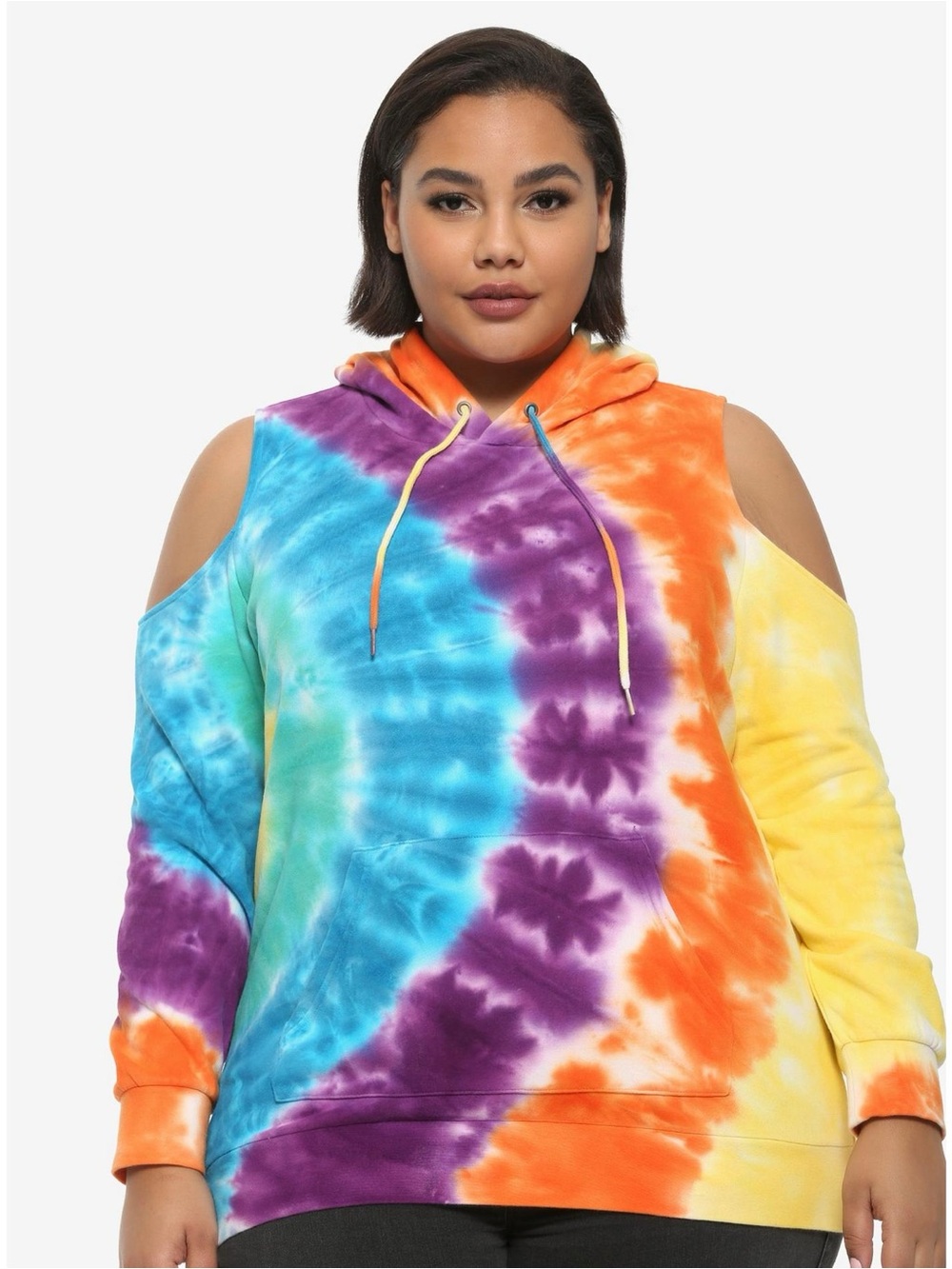 Hot Topic Tie-Dye Cold-Shoulder Hoodie - Blue, Purple, Orange, Yellow
